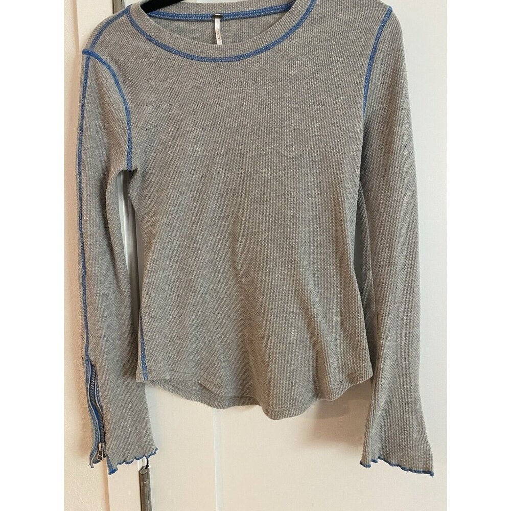 Free People Top Medium Zip It Waffle Thermal Zipper Cuff Long Sleeve Gray/blue